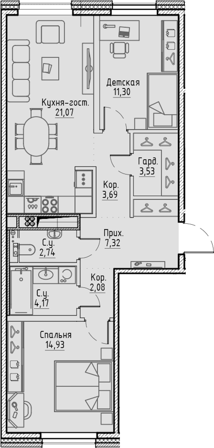 2-комнатная квартира 70.83 м², 7/7 эт., ЖК «LEGENDA Сампсониевский 32»